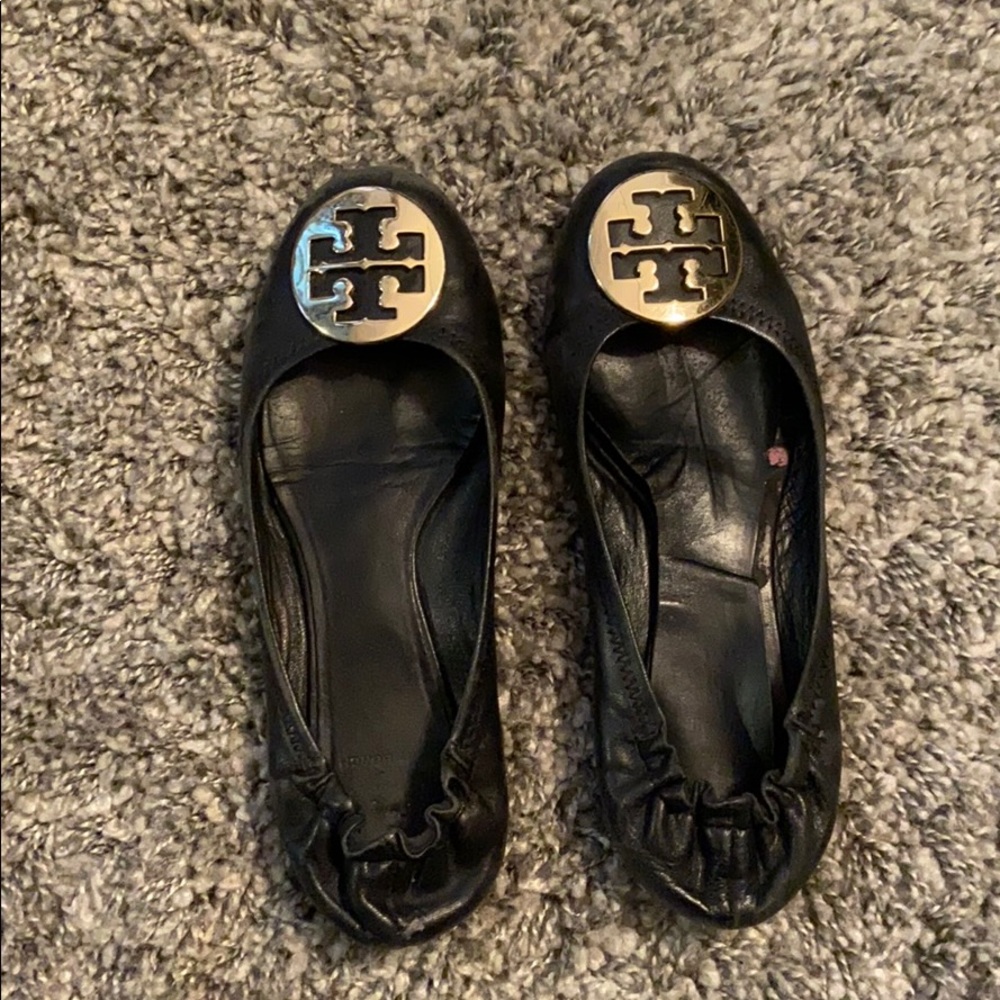 Tory Burch Black Flats with Gold Logo